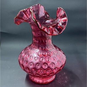 Vintage Fenton Cranberry Reverse Thumbprint Coin Dot Ruffled Rim Vase